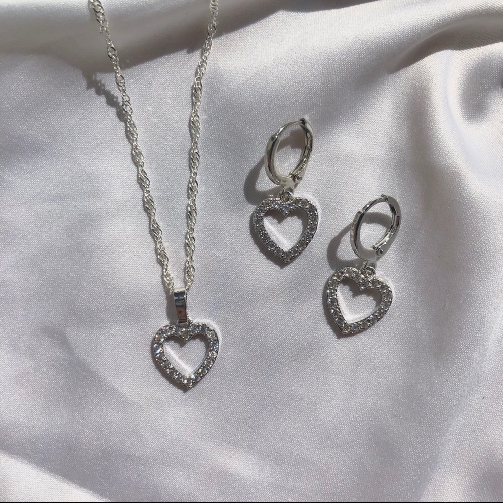 Silver Heart Diamond Earrings + Necklace SET